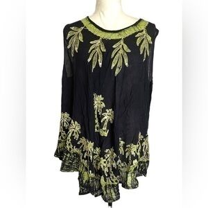 California Woman Embroidered Black And Green Tunic Top Free Size